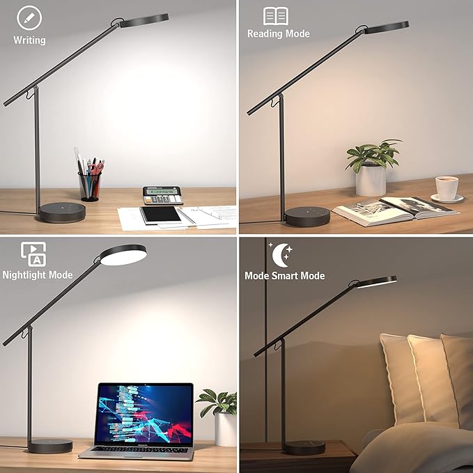 Desk Lamps for Home Office with Stable Base, Adjustable Swing Arm Table Lamp, Eye Caring Lamp for Reading, Work, Bedroom, Bedside, Memory Light Dimmable with 3-Color Modes & 9-Brightness