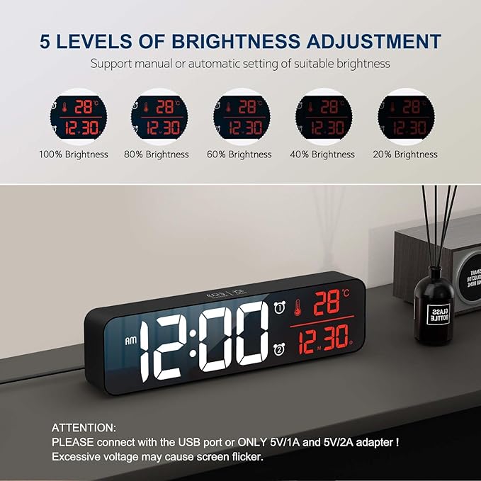 Digital Clock, Clock for Bedroom, Digital Wall Clock, Clocks for Living Room Decor, Desk Clock, Table Clock, Digital Clock Large Display, Smart Alarm Clock for Office Red (Wired Black+Red Digit)