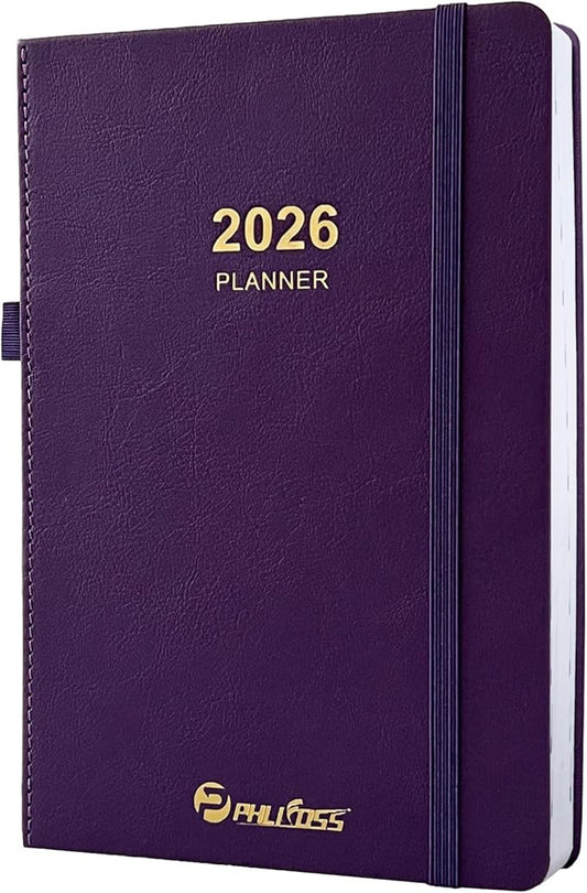 2026 Daily Planner/Calendar, One Page Per Day, Daily Monthly Agenda Planner with Time Slots and Monthly Tabs, Jan - Dec 2026, 5.7" x 8.25" Appointment Book, Pen Holder, Leather Cover (2026-Purple)