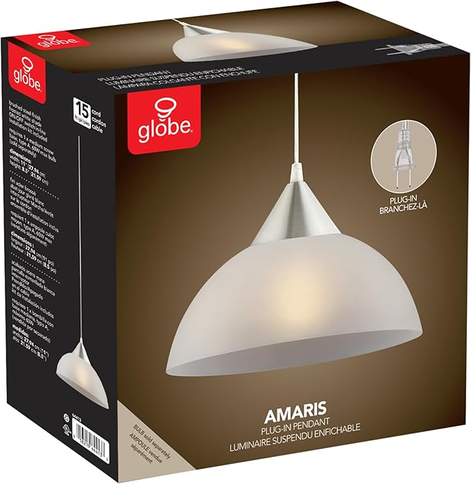 GLOBE Electric 64413 1-Light Plug-in Pendant, Brushed Steel, Frosted White Shade, 15ft Clear Cord, in-Line On/Off Switch, E26 Base Socket, Kitchen Island, Café, Hanging Light, Bulb Not Included