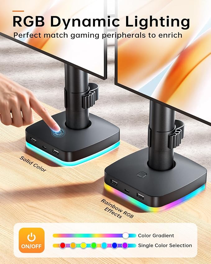 RGB Dual Monitor Stand for 2 Screens Fully Adjustable Monitor Desk Mount Sturdy Stepped Arm Design up to 17.6lbs Desk Mount with RGB USB & USB-C High Speed Data Transfer C-Clamp 75x75/100x100 VESA