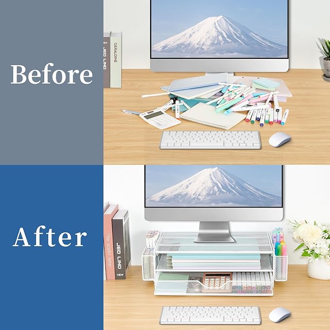 AUPSEN Computer Monitor Stands Riser,2-Tier Desk Organizers and Accessories, Office Desk Accessories Organizer with Drawers and 2 Pen Holder for Office Supplies (White)