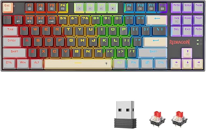 Redragon Wireless Gaming Keyboard, BT/2.4Ghz Tri-Mode Mechanical Keyboard with Aluminum Pannel, Hot-Swap Red Switch, Programmable 87 Keys TKL, LED Rainbow Backlit - K552LGY-KRS (Eclipse Gilded)