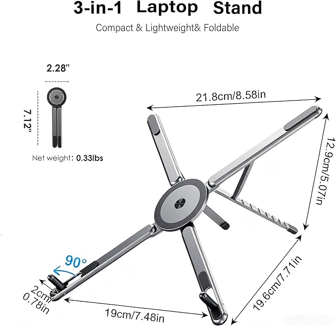 Laptop Stand for Desk, Ergonomic Portable Laptop Stand, Powerful Magnetic Adjustable & Multi-Rotatable Laptop Riser Compatible with (4.7" or Larger) Phone/Tablets/PC (Grey)