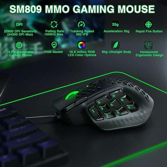 SOLAKAKA SM809 Wired MMO Gaming Mouse, with 9 Side Buttons RGB Mouse, 24000 DPI High-Precision Optical Sensor, Ergonomic Mice, 16 Programmable Macro Shortcuts/Remapping PC Gaming Mouse for FPS Games