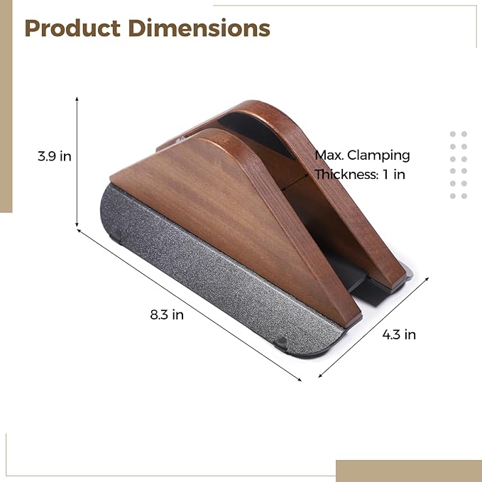 Wooden Vertical Laptop Stand, Adjustable Desktop Holder for Laptop, Tablet, E-Book, Black Walnut Color, Anti-Scratch Silicone Pads, Non-Slip Plastic Base, Max Clamp Thickness 1 in