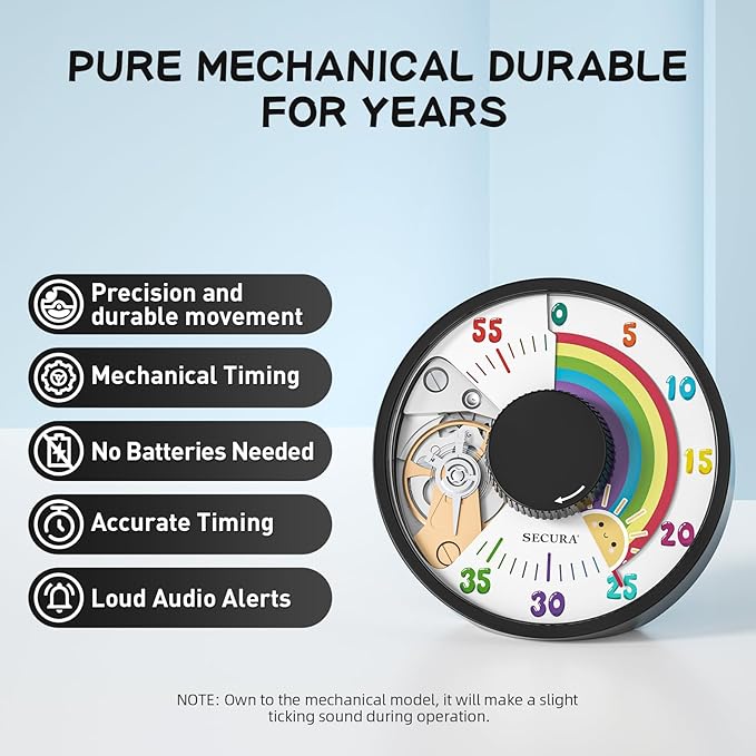 Secura 60-Minute Rainbow Visual Timer 6-Inch Mechanical Countdown Timers for Teaching, Meeting, Cooking, Working - Timer for Kids with Magnetic Backing (Black)