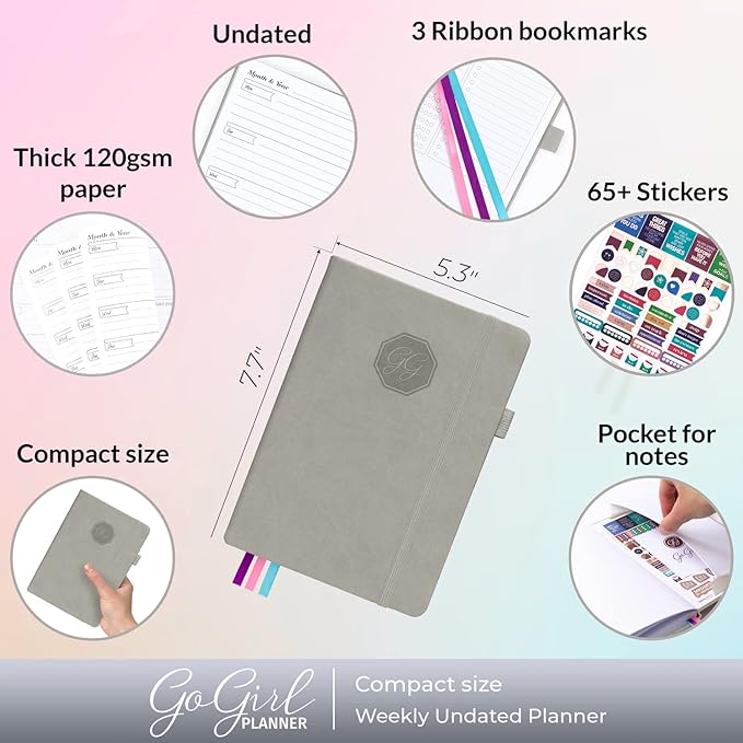 GoGirl Planner and Organizer for Women – Compact Size Weekly Planner, Goals Journal & Agenda to Improve Time Management, Productivity & Live Happier. Undated – Start Anytime, Lasts 1 Year – Gray