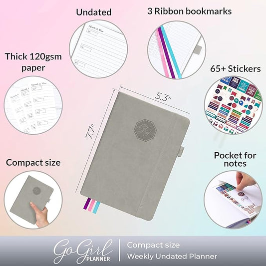 GoGirl Planner and Organizer for Women – Compact Size Weekly Planner, Goals Journal & Agenda to Improve Time Management, Productivity & Live Happier. Undated – Start Anytime, Lasts 1 Year – Gray