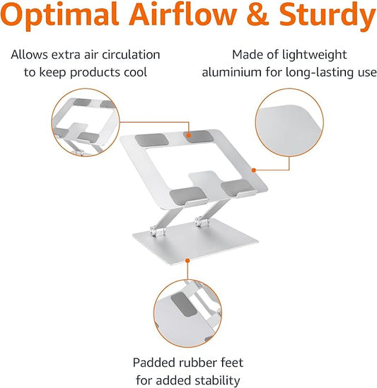 Amazon Basics Sturdy and Portable Ergonomic Laptop Stand for Desk, Adjustable Riser, Fits all Laptops and Notebooks up to 17.3 Inch, Silver, 10 x 8.7 x 6 in