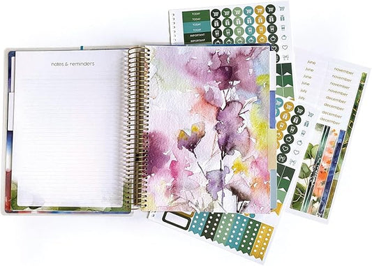 Paper House Productions 12 Month Undated 9.5" Planner with Month and Event Flag Stickers - Watercolor Flora