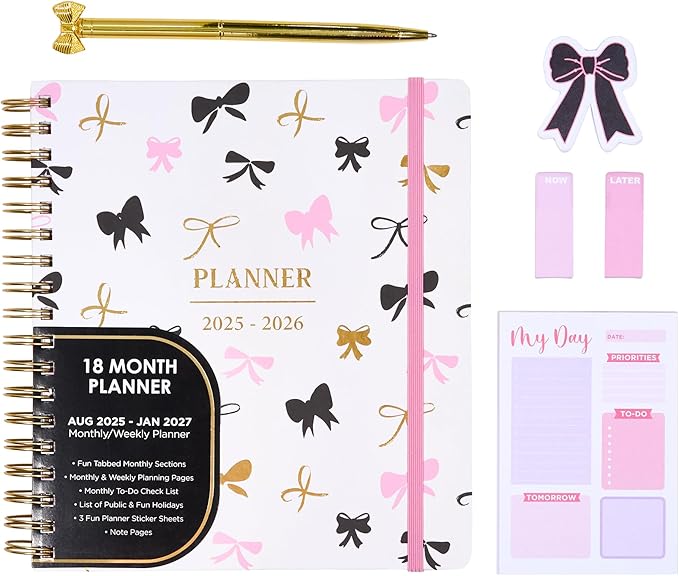 Votum August 2025 to January 2027 Large Back to School Academic Planner- Daily, Weekly & Monthly Organizer with Pens, Stickers, Sticky Notes, and a Sturdy Cover - Bows Pink