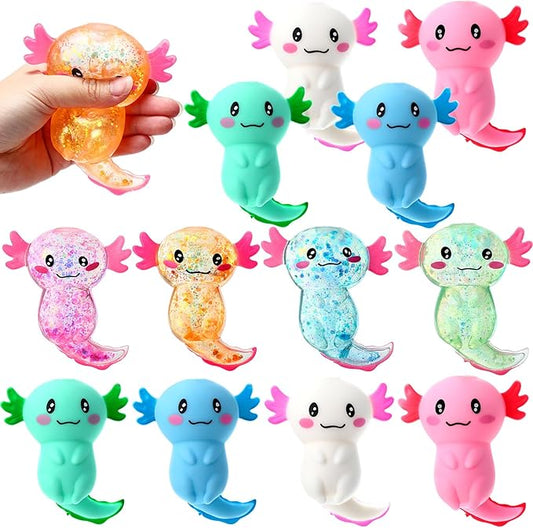 Meooeck 12 Pack Axolotl Stress Relief Toys Glitter Axolotl Starfish Stress Balls Fun Relaxing Squeeze Fidget Toys Relieve Anxiety Squeeze for Birthday Party Goodie Bag Stuffers(Cute)