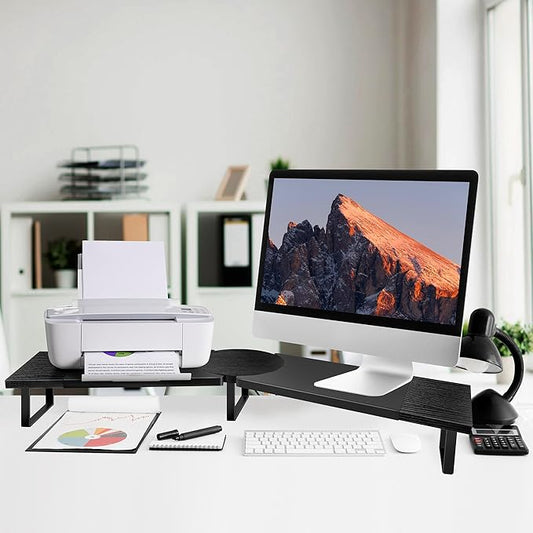 Dual-Monitor Stand for Desk - Large Adjustable Length and Angle Riser for 2 Monitors, Double Computer Desktop Organizer, Shelf for TV, Laptop, Printer