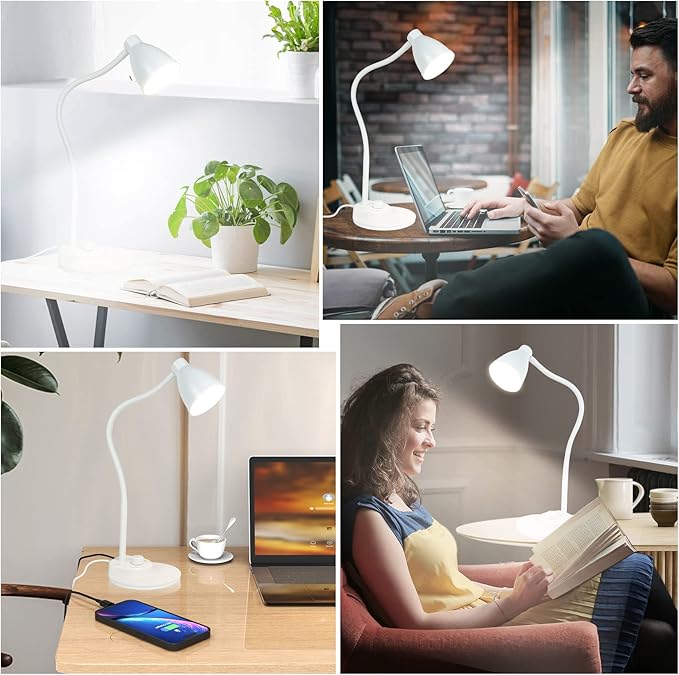 BOHON LED Desk Lamp with USB Charging Port, 3 Color Modes Dimmable Reading Lamp, Auto Dimming Task Lamp, Flexible Gooseneck Table Light for Dorm Bedside, Adapter Include, White