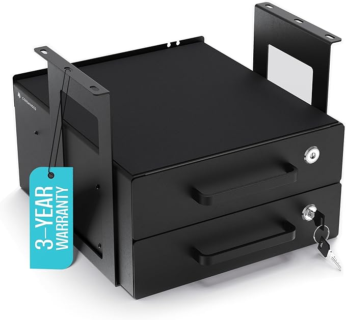 Under Desk Drawer Slide-Out – Lockable Metal Storage Drawers with Cable Management for Office & Home (Double, Bracketed)