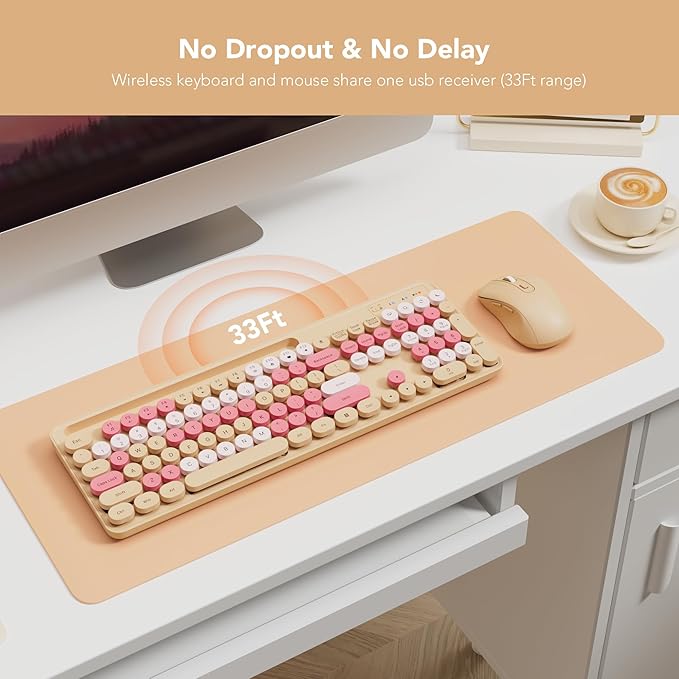 Wireless Keyboard and Mouse Combo, Retro Round Keycaps, Cute Full-Size Typewriter Keyboard with Phone Holder, Sleep Mode, Click Soft, 2.4GHz Cordless Connection for Windows/PC/Laptop (Latte-Colorful)