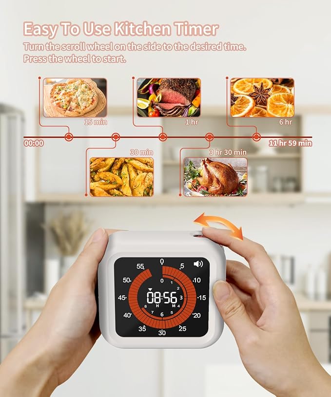 Digital Visual Timer - Max 11H 59M Rechargeable Countdown Timer with VA Display, Clear Digits, Adjustable Volume and Brightness, Magnetic Digital Timer for Kitchen, Classroom, Office (White)