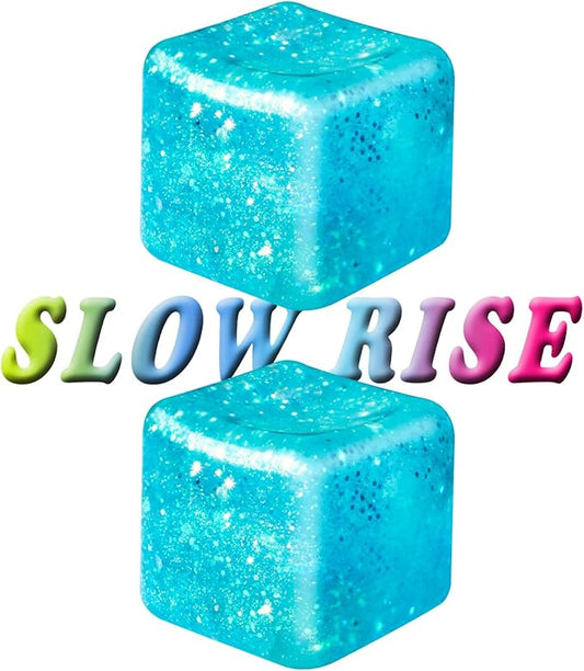 2Pcs Stress Cubes Slow Rise Glitter Squishy Cube Nice Relief Balls Jelly Fidget Toys for Kids Adults Squeeze Sensory Pack for Anxiety, Autism, Funny Gifts for Holiday/Birthday/Classroom(Blue)