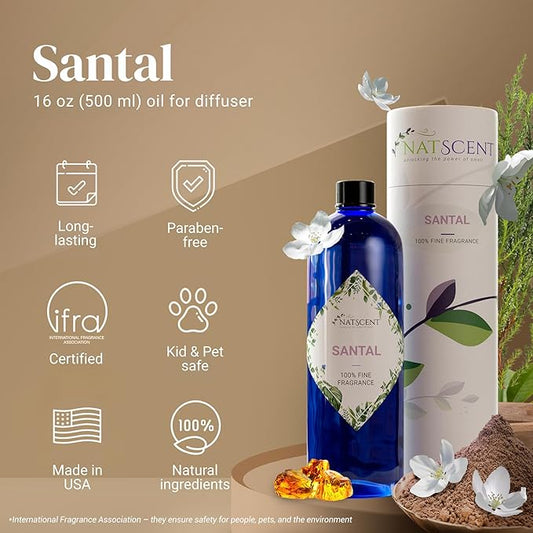 Santal Essential Oils for Diffusers for Home, Nature-derived Sandalwood Essential Oils, Long-Lasting & Family-Friendly Diffuser Oils Scents, IFRA Certified, Cold Air & Ultrasonic - 16 oz