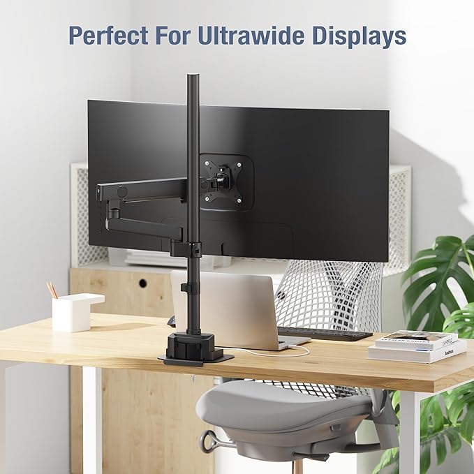 AVLT Single 40 Inch Monitor Arm Pole Top Mount With USB-C USB-A Ports-Black, Supports 26.4 lbs (12kg), Ultrawide screen fit, VESA Compatible, Tilt, Swivel, Rotate, Ergonomic adjustable height, Durable