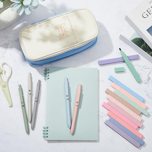 Henoyso 18 Set Aesthetic School Supplies Include Big Capacity Study Pen Bag with Zipper 12 Pcs Chisel Tip Bible Highlighters 5 Pcs Quick Dry Retractable Black Ink Pens for Student Office(Light Blue)