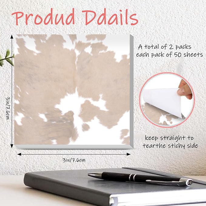 Sticky Notes 3x3 Inches, 2 Pads Cute Colorful Self-Stick Note Pads, Easy to Post for Home, Office and Daily Life Organization Brown White Cowhide