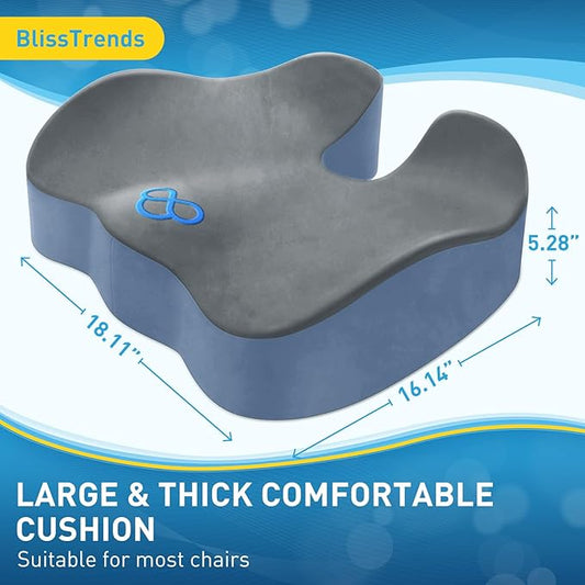 BlissTrends Seat Cushion,5.2in Thick Memory Foam Cushions for Office Chair, Car Seat, Airplane, Relieving Pressure Tailbone Sciatica Back Pain for Long Sitting Office Workers, Car Drivers Gery&Blue