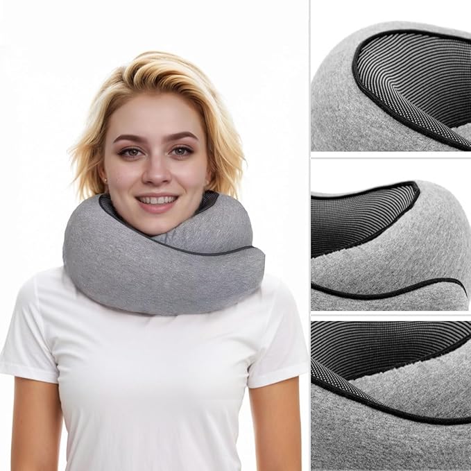 Travel Neck Pillow for Airplane, Adults Memory Foam Travel Neck Pillow, Ergonomic 360° Neck Support for Airplane Car Home Office Sleep, Small Packable Compact Portable Adults Turtle Pillow (Grey)
