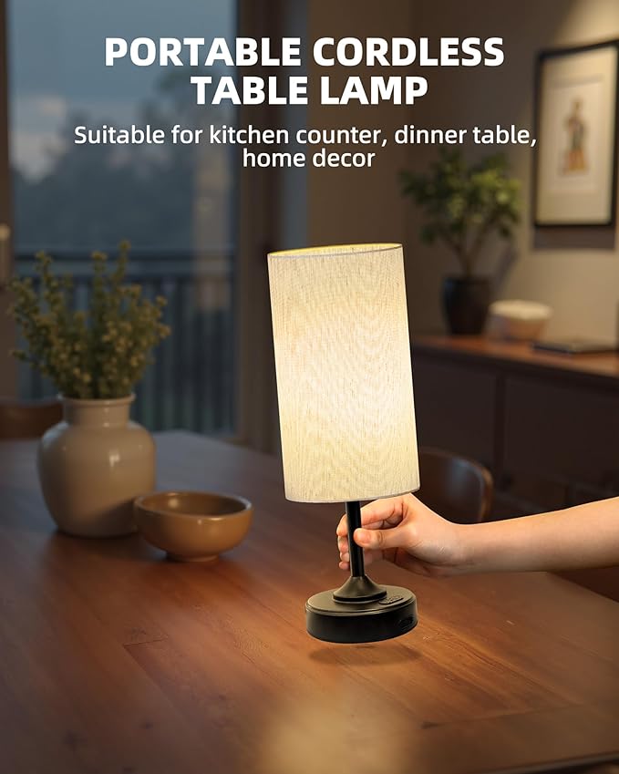 Battery Operated Lamp, Dimmable, 2700K, Timer, Touch Control, Portable, LED, Wireless, Rechargeable, Cordless, Desk Lamp, Kitchen Lamp, Fabric Shade, for Dining Room, Bedroom, Living Room, Dorm