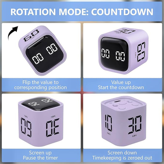 Digital Cube Productivity Timer, Rotating Pomodoro Timer with Gravireceptor 5-10-30-60 Min& Custom Countdown, Vibration & Adjustable Volume Timers for Learning Office Kitchen Desk, Purple