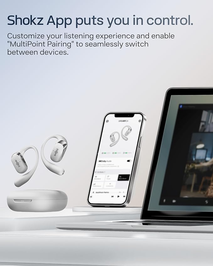 SHOKZ New OpenFit 2+ Open-Ear Headphones, Dolby Audio Enabled, Comfortable Earbuds with Soft Ear Hooks, 48H Playtime, IP55 Water-Resistant, USB-C Fast Charging, Wireless Charging, Carrying Bag, Grey