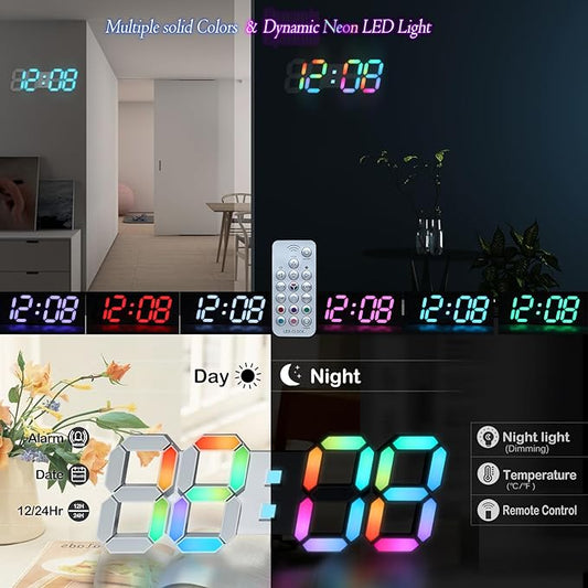 KOSUMOSU LED Wall Clock 15" RGB Digital LED Clock for Living Room Decor, Large Display Gaming Room Clocks, Dimming/12/24 Hr Time/Date/Temp/Remote (White Clock with Neon Light)
