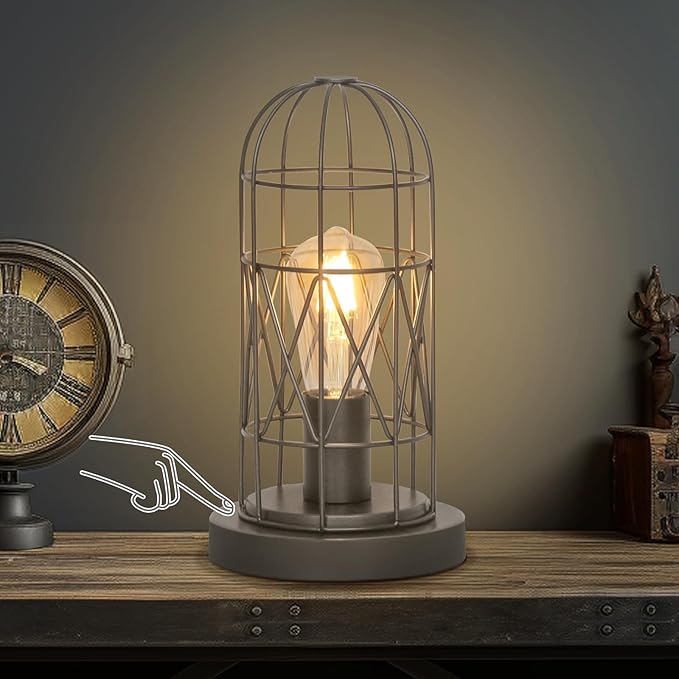 Small Industrial Lamp, Touch Control 3 Way Dimmable Table Lamp, Rustic Iron Steampunk Edison Lamp Vintage Nightstand Lamp Bedside Light for Bedroom Living Room, Corner, Hallway, LED Bulb Included