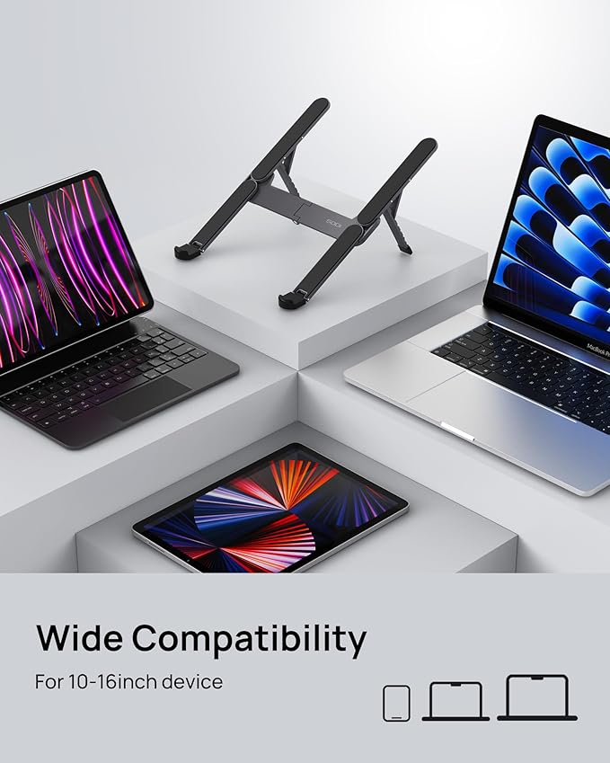 SODI Ultra Compact Foldable Laptop Stand - Portable Laptop Holder for Desk & Travel Use, Ergonomic Aluminum Computer Holder with Adjustable Height for MacBook, Tablet 10-16" (Dark Black, Bi-Fold)