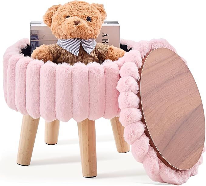 Wimarsbon Storage Ottoman,Soft Faux Fur Footstool with Padded Seat, Small Reading Vanity Chair, Footrest with Wood Tray for Couch, Mini Coffee Table or Display Stand (Pink, Round Storage)