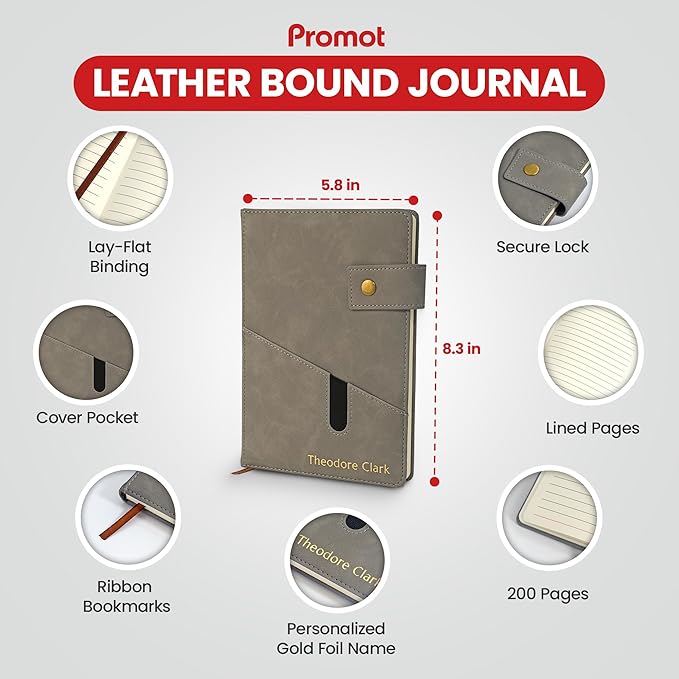 Promot Personalized Notebook - A5 Lined Leather Bound Journal for Writing Women Men - Hardcover Executive Notebook, Daily Journal, Travel Diary, Gift Idea, Custom Embossed Text with Gold Metallic Foil