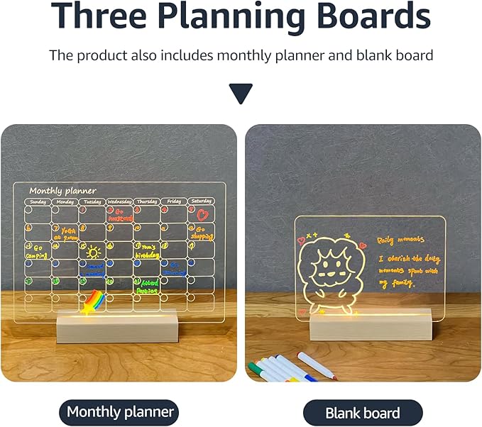 Acryic Dry Erase Board with Light, Wooden Stand Up for Desk, 11.8”x7.9”, Clear Monthly/Weekly Calendar and Led Note Board with Colors, Room/Store/Office/Festival/Gift, 6 Markers