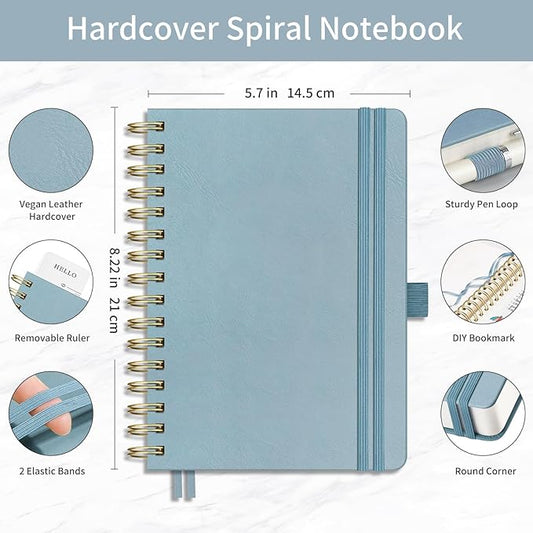 EMSHOI Bullet Dotted Journal Spiral Notebook - 300 Pages, A5 Hardcover Leather, 100 GSM Thick Dot Grid Notebook for Women Men Work Writing, Bullet Journaling, Drawing, 5.7" x 8.22", Gray Blue