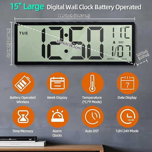 Digital Wall Clock Battery Operated, 15" Digital Clock Large Display with Date and Day of Week, Large Number with Temperature, Auto DST, Alarm, Snooze, 12/24-hour for Desk Office