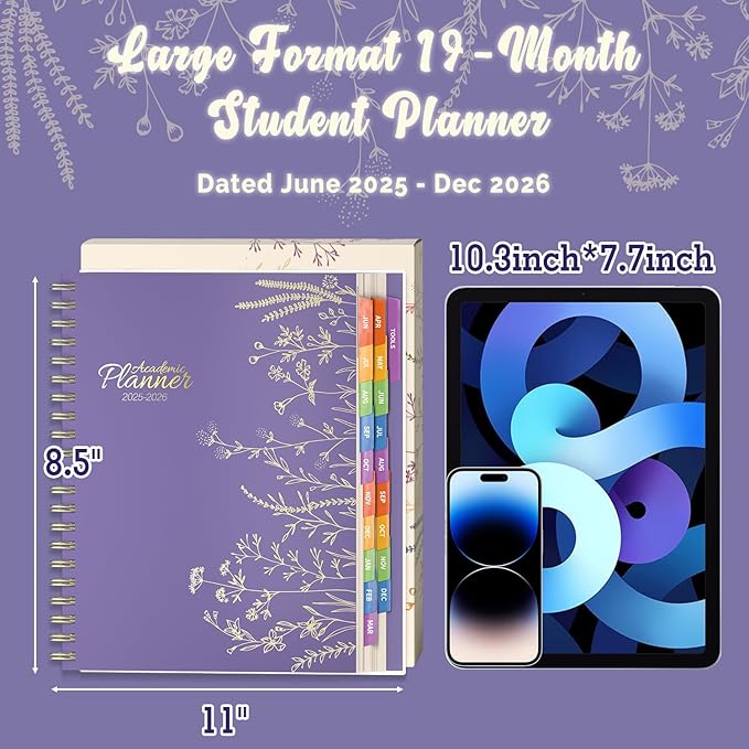 Jun 2025-Dec 2026 Academic Monthly Weekly Daily Planner for School, 19 Months Calendar 25-26 Planning Book with Colorful Tabs, 8.5" x 11" Mid Year College Organizer for Student Teacher (Lavender Purple)