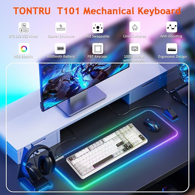 Wireless Mechanical Gaming Keyboard, Tri-Mode Connectivity (Bluetooth 5.0/2.4GHz/USB-C), Hot-Swappable, RGB Backlit,101-Key Layout Keyboard with Volume Knob for PC, Laptop, Tablet
