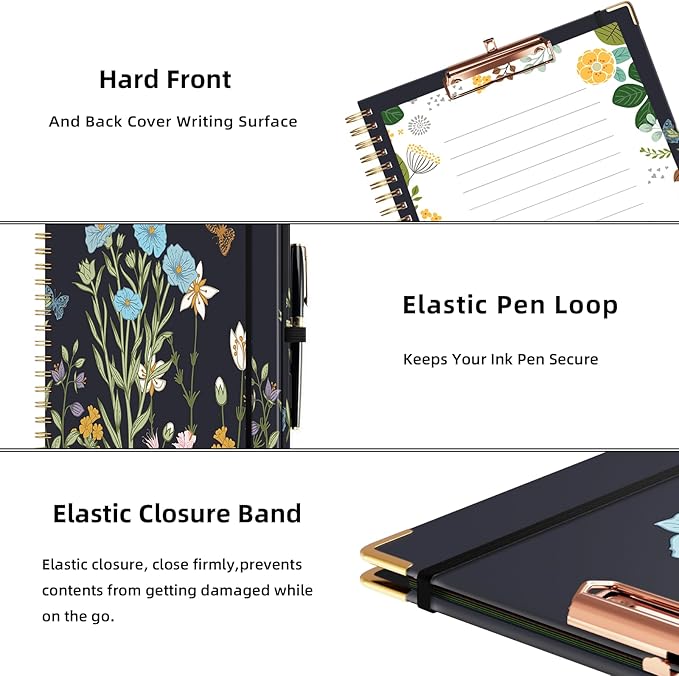 Ospelelf Clipboard with Storage 8.5 X 11,Padfolio Organizer, Spiral Portfolio Letter Size with Notepad, Pen Holder, 5 Extra Folder Divider Pages, Elastic Closure Nurse Essentials (Night Flowers)