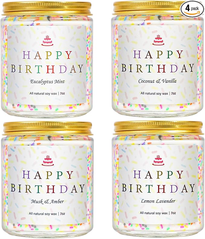 Happy Birthday Candles Set, 4 Pack Birthday Candle Gifts for Women, Unique Best Friend Birthday Gifts Ideas for Her and Him, Natural Soy Candle Scent of Vanilla Coconut/Lavender/Eucalyptus Mint - 7oz