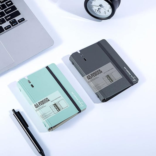 CAGIE A7 Binder 6 Ring Notebook with Dividers Refillable Planner Binder with Pockets, Refill Paper Include Planning Square Ruled and Dotted Pages (Grey and Blue, 2 Pcs A7 Hourly&Dot Page)