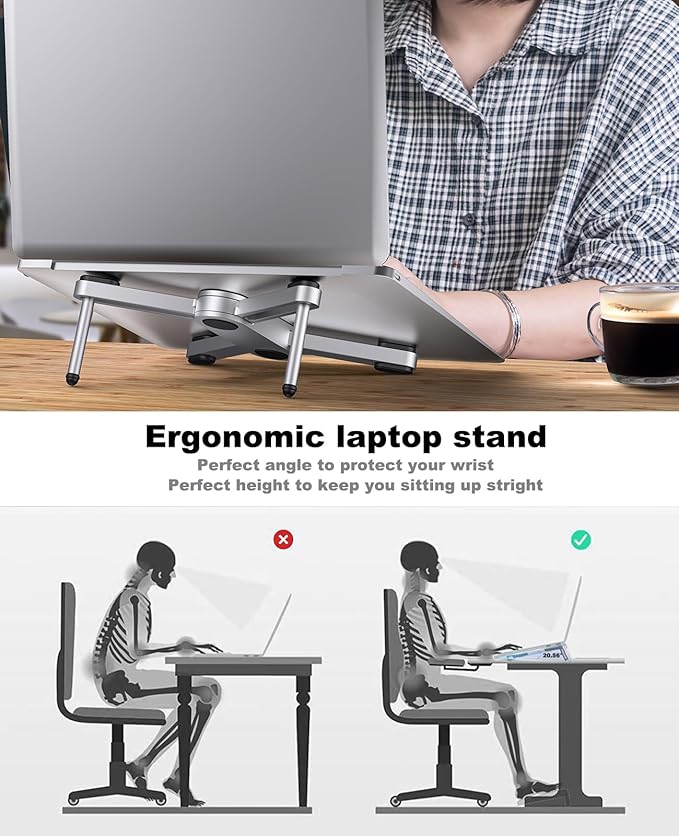 New Concept Laptop Stand - Adjustable Ergonomic Aluminum Riser for MacBook Pro/Air up to 15.6” - Foldable & Portable Computer Stand for Desk, Students, Office, Travel, Gaming - Silver