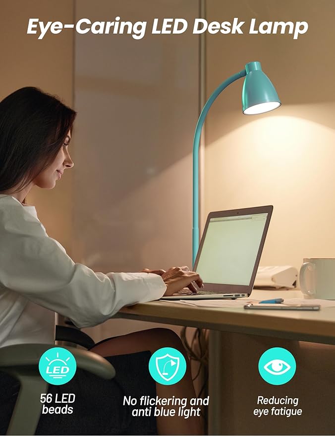 BOHON LED Desk Lamp with USB Charging Port, 3 Color Modes Fully Dimmable Reading Lamp, Auto Dimming Task Lamp, Flexible Gooseneck Table Light for Office Dorm Bedside, Adapter Include, Teal