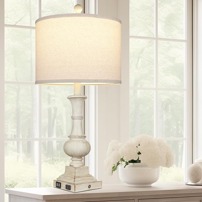 26" Farmhouse Table Lamp, Vintage Rustic Touch Control Bedside Lamp with 2 USB Ports & AC Outlet, Boho Resin 3-Way Dimmable Nightstand Lamp Linen Fabric Shade for Living Room Bedroom End Table White