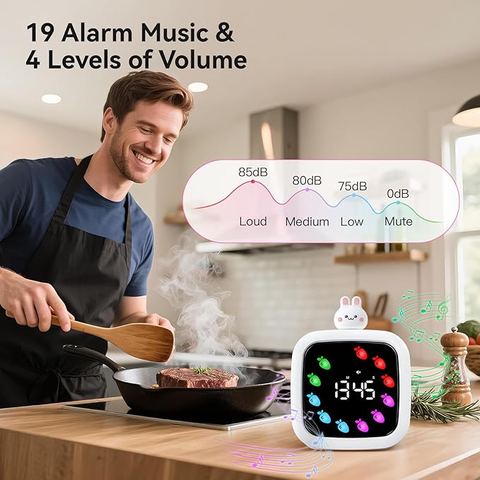 Yunbaoit Digital Visual Timer for Kids, Rechargeable 99-Minute Silent Countdown Timer with 19 Ringtones, 9 Optional DIY Color Carrot Display, Time Management Tool with Pause Function (Rabbit)