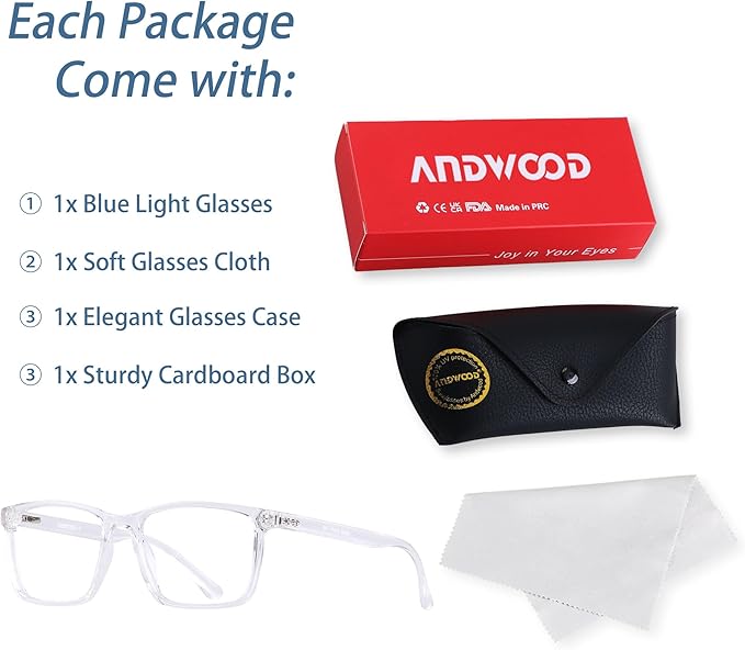 ANDWOOD Blue Light Blocking Glasses Men Women Computer Filter Large Frame Bluelight Blocker Anti Blue Ray Lightweight AR002